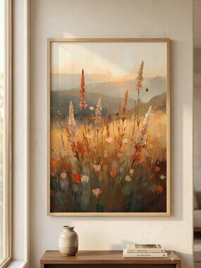 Dreamy Golden Hour Wildflower Meadow Art Print – Warm Sunset Landscape
